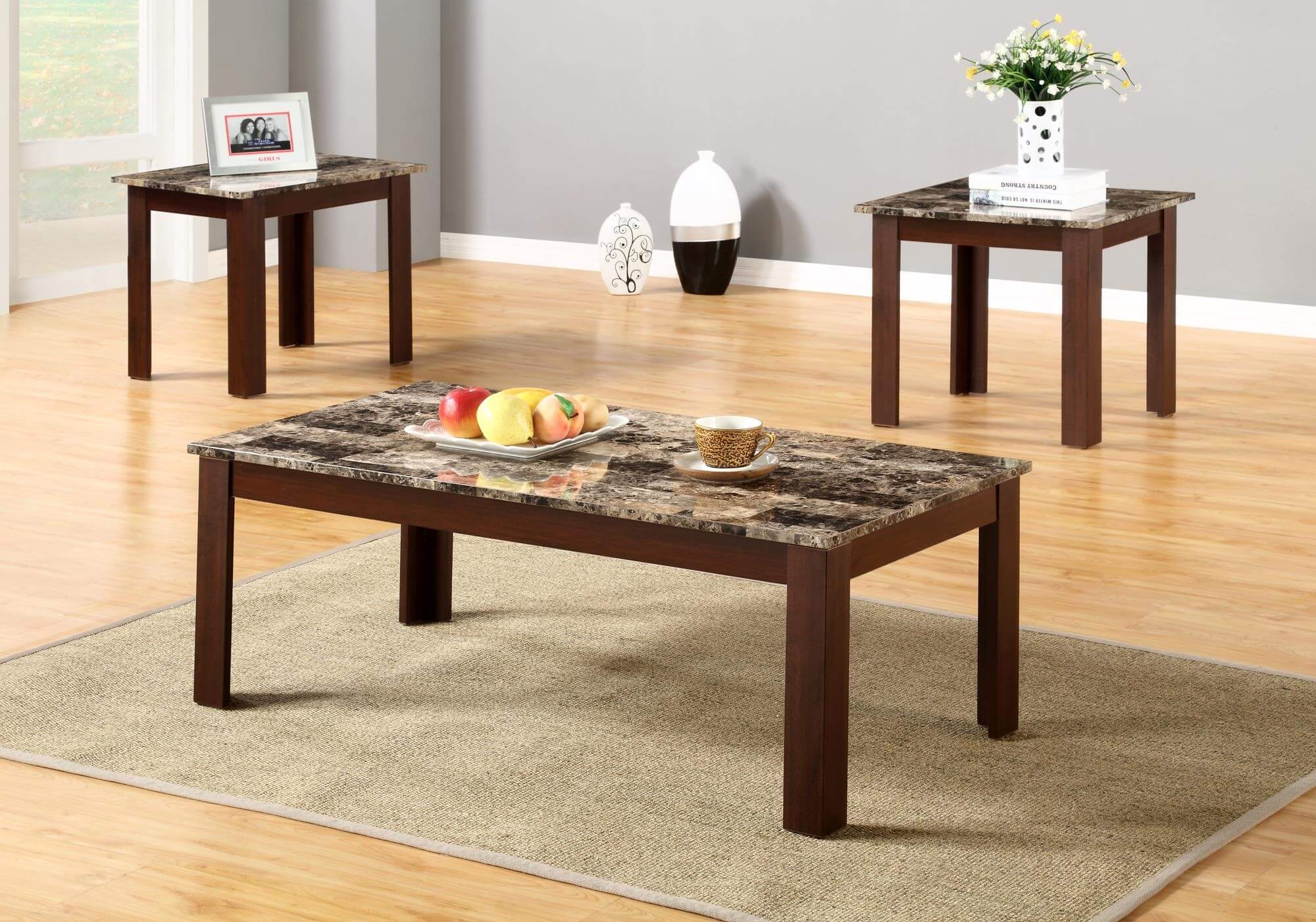 3 Piece Faux Marble Coffee and End Table Set