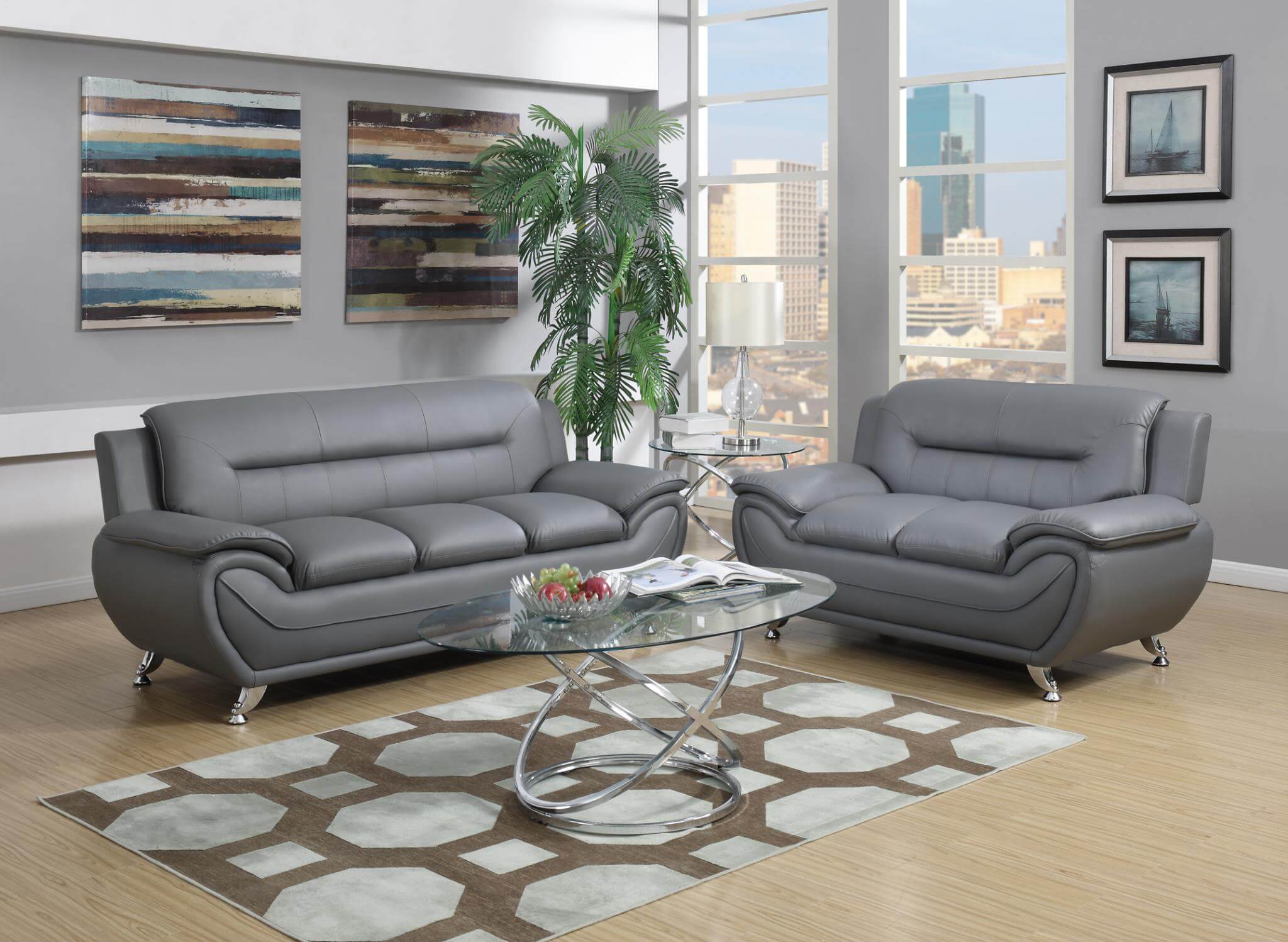 Grey Contemporary Living Room Set, Gray Leather Living Room Set