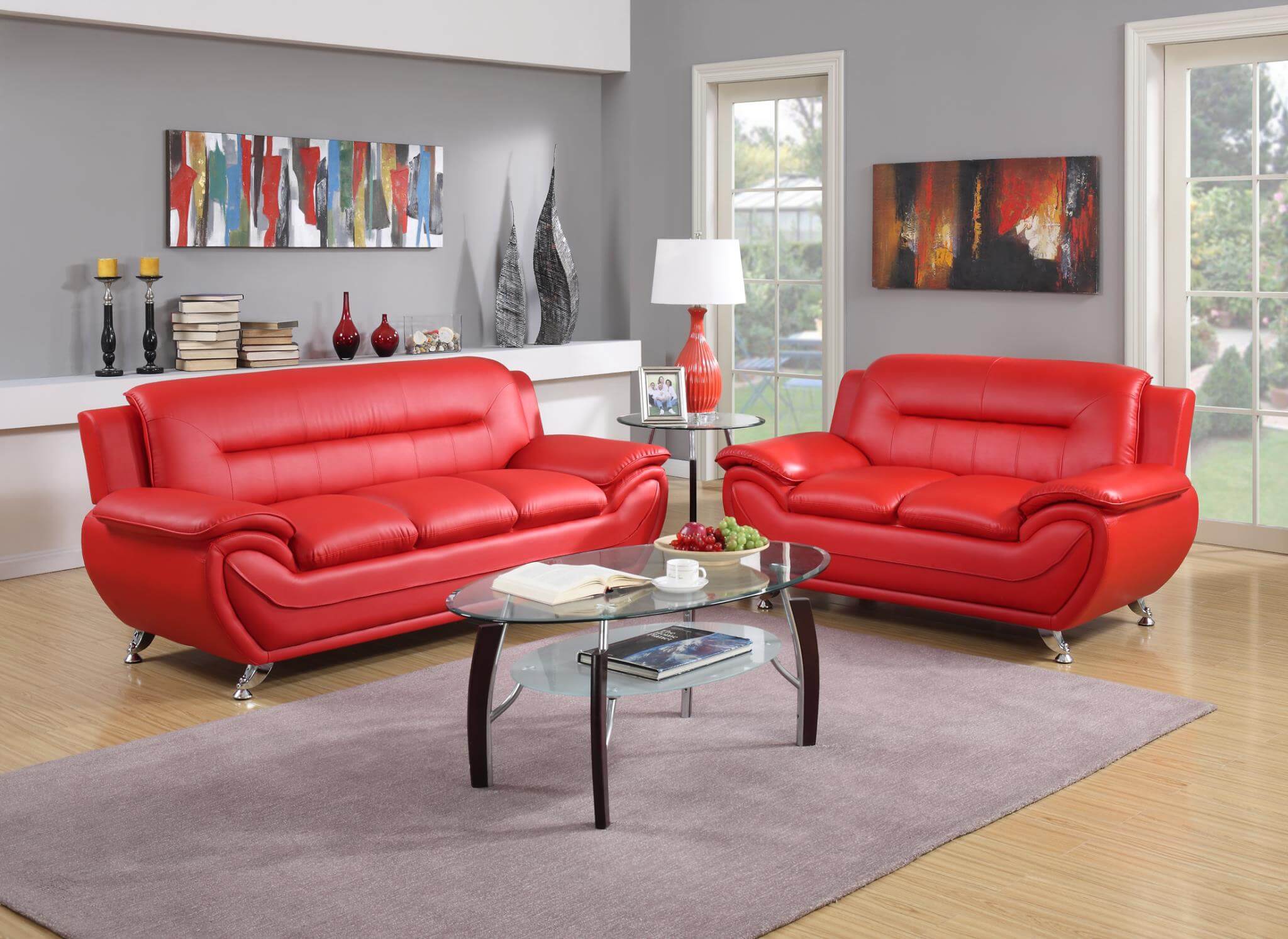 Red Contemporary Living Room Set, Leather And Cloth Living Room Sets