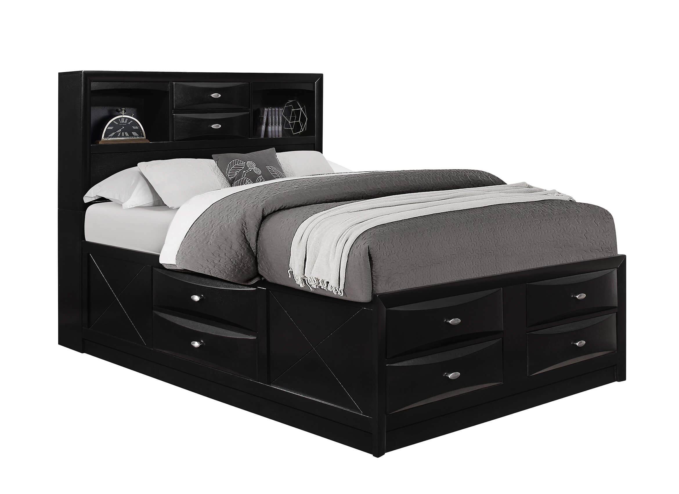 Linda Black Full Captain Storage Bed, Full Size Bed With Bookcase Headboard