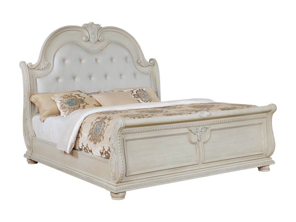 Stanley Antique White Marble Bedroom, Antique White Wooden Bed Frame